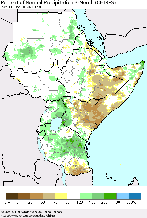 Eastern Africa Percent of Normal Precipitation 3-Month (CHIRPS) Thematic Map For 9/11/2020 - 12/10/2020