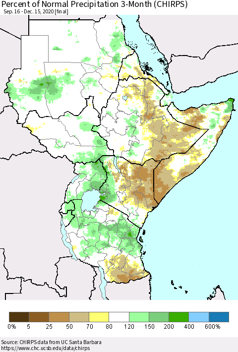 Eastern Africa Percent of Normal Precipitation 3-Month (CHIRPS) Thematic Map For 9/16/2020 - 12/15/2020