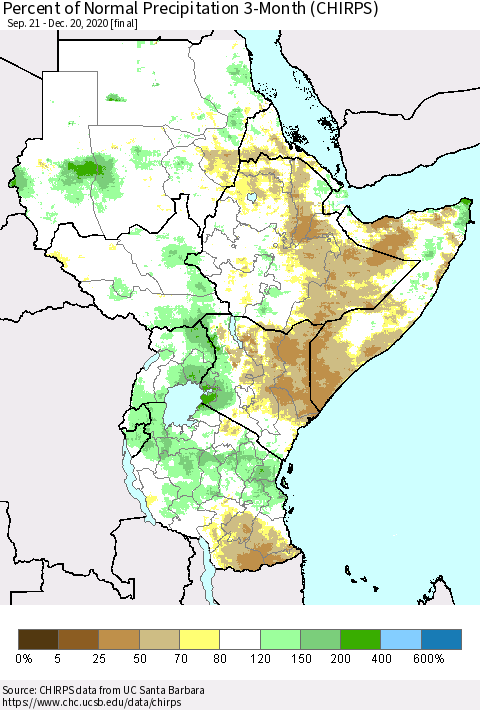 Eastern Africa Percent of Normal Precipitation 3-Month (CHIRPS) Thematic Map For 9/21/2020 - 12/20/2020