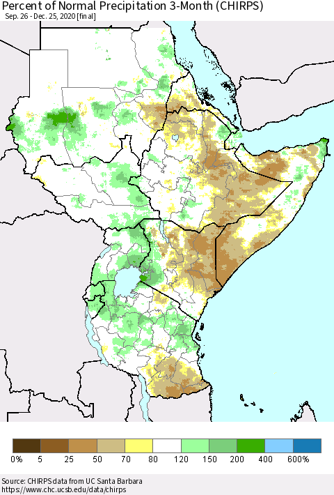 Eastern Africa Percent of Normal Precipitation 3-Month (CHIRPS) Thematic Map For 9/26/2020 - 12/25/2020