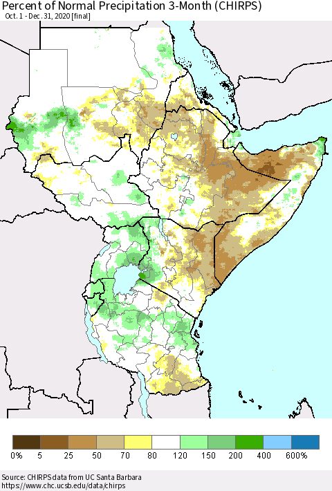 Eastern Africa Percent of Normal Precipitation 3-Month (CHIRPS) Thematic Map For 10/1/2020 - 12/31/2020
