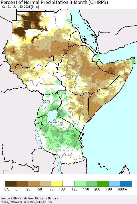 Eastern Africa Percent of Normal Precipitation 3-Month (CHIRPS) Thematic Map For 10/11/2020 - 1/10/2021