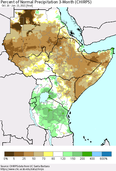 Eastern Africa Percent of Normal Precipitation 3-Month (CHIRPS) Thematic Map For 10/16/2020 - 1/15/2021