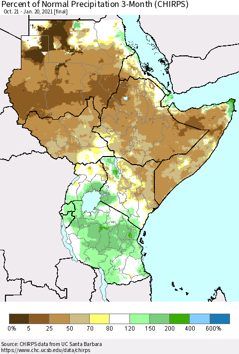 Eastern Africa Percent of Normal Precipitation 3-Month (CHIRPS) Thematic Map For 10/21/2020 - 1/20/2021
