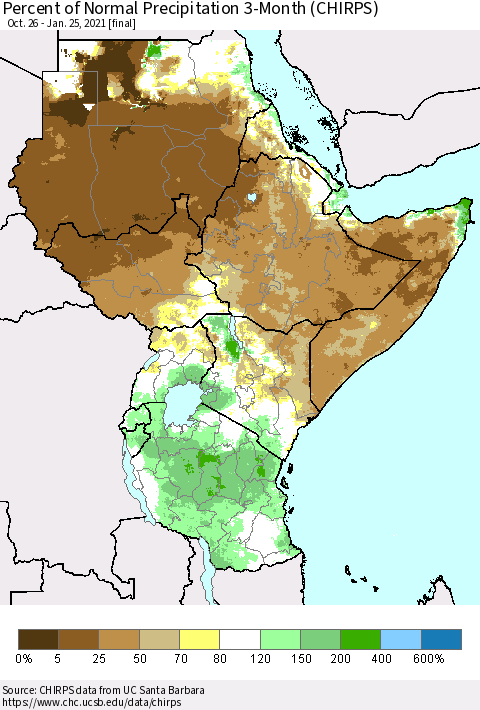 Eastern Africa Percent of Normal Precipitation 3-Month (CHIRPS) Thematic Map For 10/26/2020 - 1/25/2021