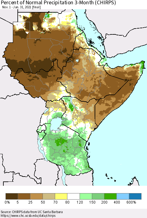 Eastern Africa Percent of Normal Precipitation 3-Month (CHIRPS) Thematic Map For 11/1/2020 - 1/31/2021