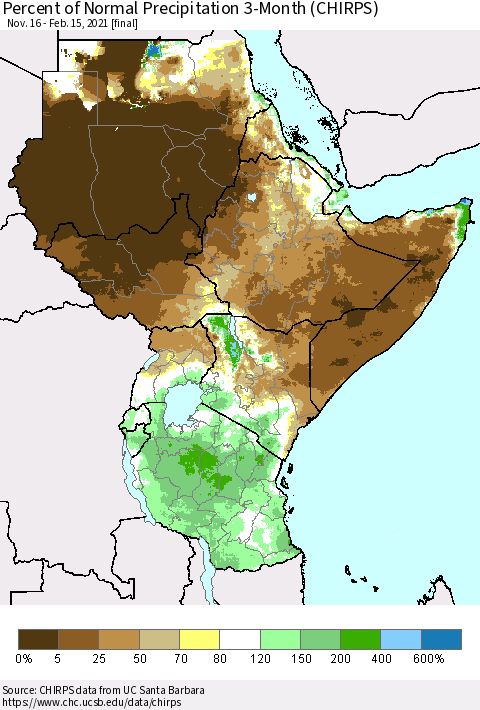 Eastern Africa Percent of Normal Precipitation 3-Month (CHIRPS) Thematic Map For 11/16/2020 - 2/15/2021