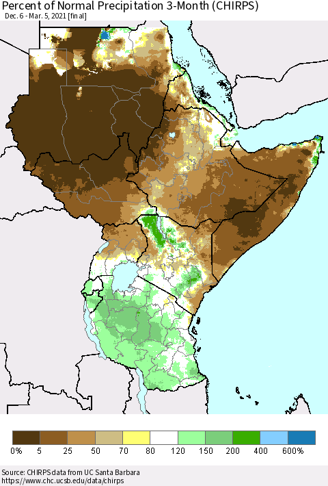 Eastern Africa Percent of Normal Precipitation 3-Month (CHIRPS) Thematic Map For 12/6/2020 - 3/5/2021