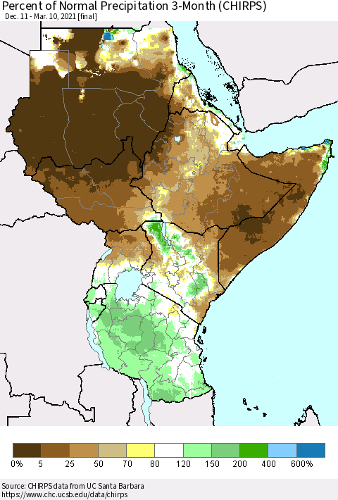 Eastern Africa Percent of Normal Precipitation 3-Month (CHIRPS) Thematic Map For 12/11/2020 - 3/10/2021