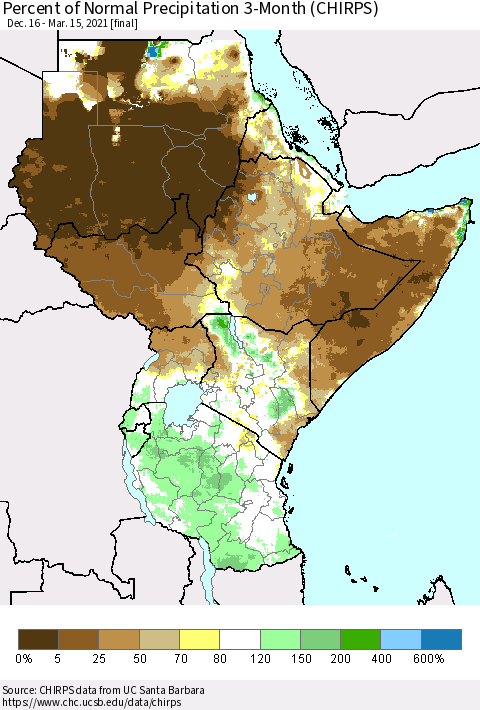 Eastern Africa Percent of Normal Precipitation 3-Month (CHIRPS) Thematic Map For 12/16/2020 - 3/15/2021