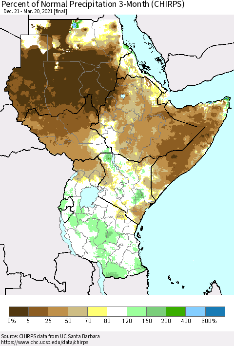 Eastern Africa Percent of Normal Precipitation 3-Month (CHIRPS) Thematic Map For 12/21/2020 - 3/20/2021