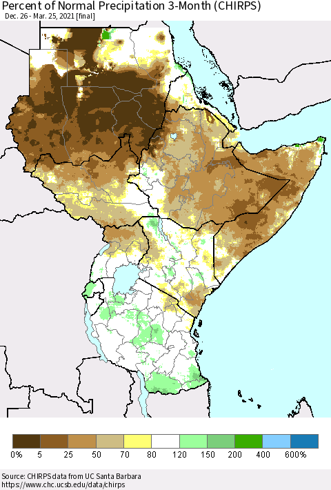 Eastern Africa Percent of Normal Precipitation 3-Month (CHIRPS) Thematic Map For 12/26/2020 - 3/25/2021