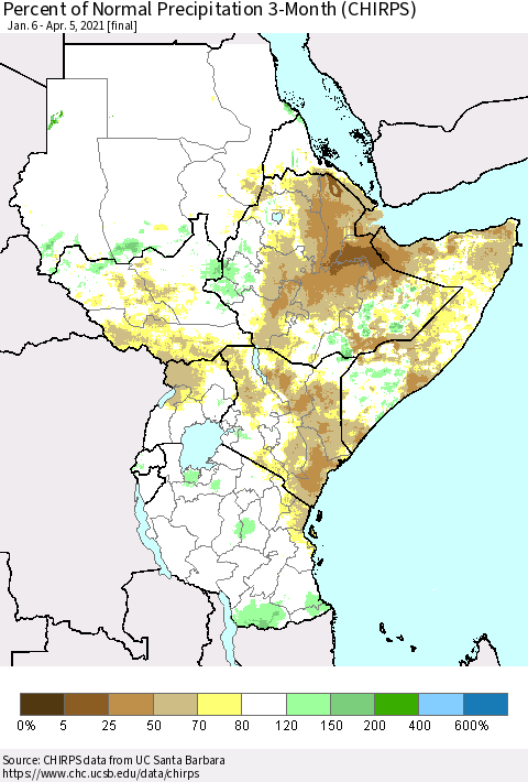 Eastern Africa Percent of Normal Precipitation 3-Month (CHIRPS) Thematic Map For 1/6/2021 - 4/5/2021