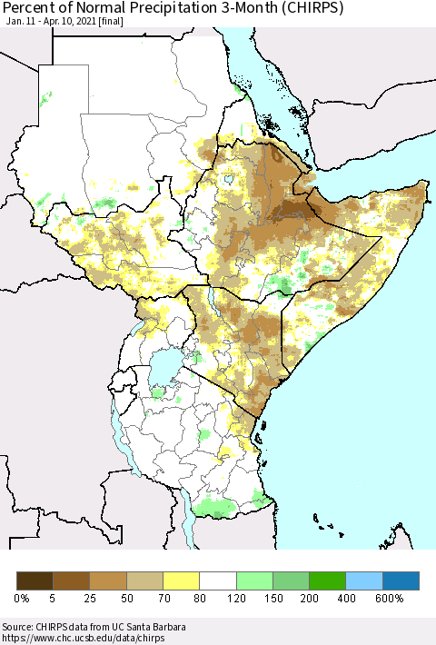 Eastern Africa Percent of Normal Precipitation 3-Month (CHIRPS) Thematic Map For 1/11/2021 - 4/10/2021
