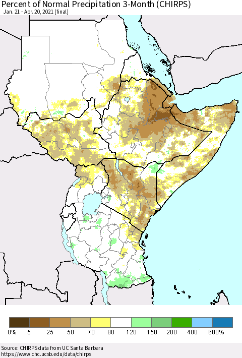 Eastern Africa Percent of Normal Precipitation 3-Month (CHIRPS) Thematic Map For 1/21/2021 - 4/20/2021
