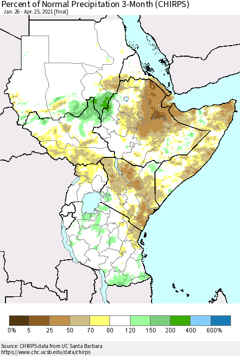 Eastern Africa Percent of Normal Precipitation 3-Month (CHIRPS) Thematic Map For 1/26/2021 - 4/25/2021