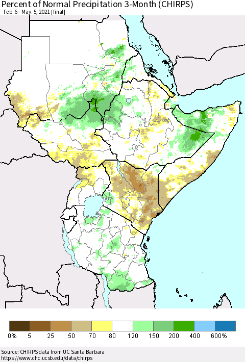 Eastern Africa Percent of Normal Precipitation 3-Month (CHIRPS) Thematic Map For 2/6/2021 - 5/5/2021