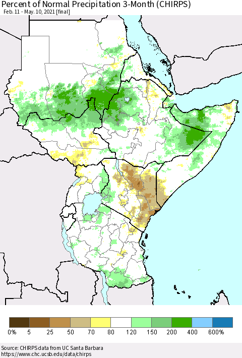 Eastern Africa Percent of Normal Precipitation 3-Month (CHIRPS) Thematic Map For 2/11/2021 - 5/10/2021