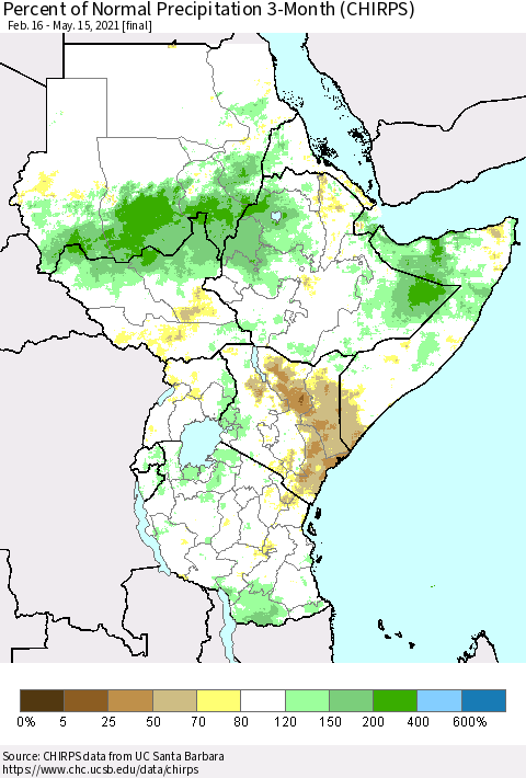 Eastern Africa Percent of Normal Precipitation 3-Month (CHIRPS) Thematic Map For 2/16/2021 - 5/15/2021