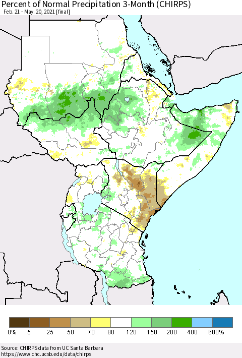 Eastern Africa Percent of Normal Precipitation 3-Month (CHIRPS) Thematic Map For 2/21/2021 - 5/20/2021