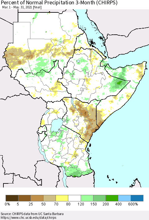 Eastern Africa Percent of Normal Precipitation 3-Month (CHIRPS) Thematic Map For 3/1/2021 - 5/31/2021