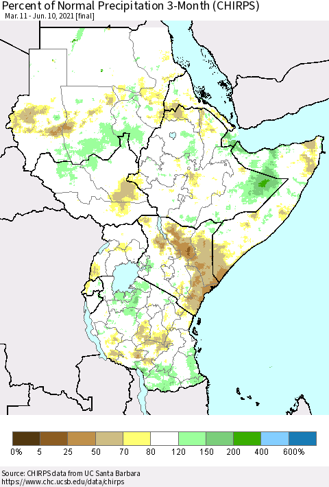 Eastern Africa Percent of Normal Precipitation 3-Month (CHIRPS) Thematic Map For 3/11/2021 - 6/10/2021