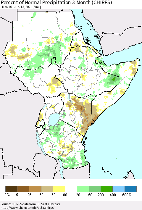 Eastern Africa Percent of Normal Precipitation 3-Month (CHIRPS) Thematic Map For 3/16/2021 - 6/15/2021