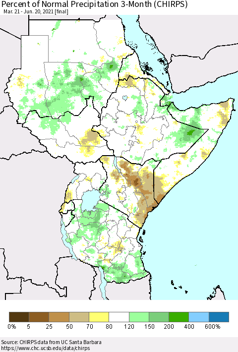 Eastern Africa Percent of Normal Precipitation 3-Month (CHIRPS) Thematic Map For 3/21/2021 - 6/20/2021