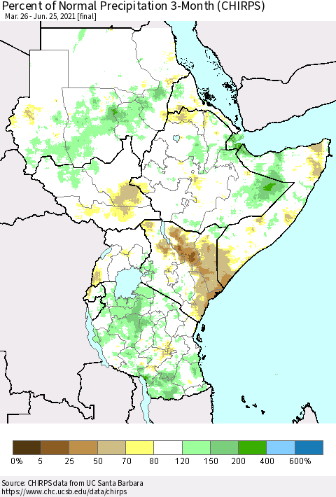 Eastern Africa Percent of Normal Precipitation 3-Month (CHIRPS) Thematic Map For 3/26/2021 - 6/25/2021