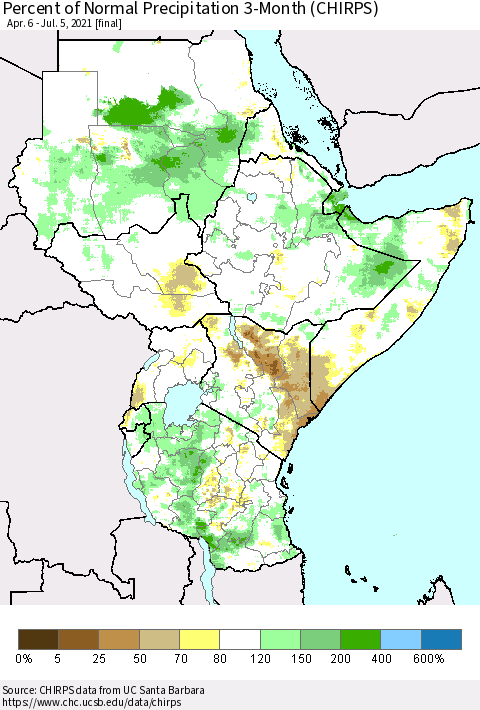 Eastern Africa Percent of Normal Precipitation 3-Month (CHIRPS) Thematic Map For 4/6/2021 - 7/5/2021