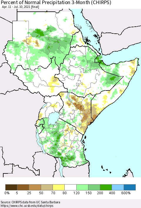 Eastern Africa Percent of Normal Precipitation 3-Month (CHIRPS) Thematic Map For 4/11/2021 - 7/10/2021