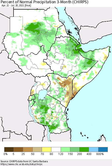 Eastern Africa Percent of Normal Precipitation 3-Month (CHIRPS) Thematic Map For 4/21/2021 - 7/20/2021