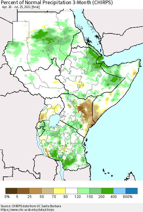 Eastern Africa Percent of Normal Precipitation 3-Month (CHIRPS) Thematic Map For 4/26/2021 - 7/25/2021