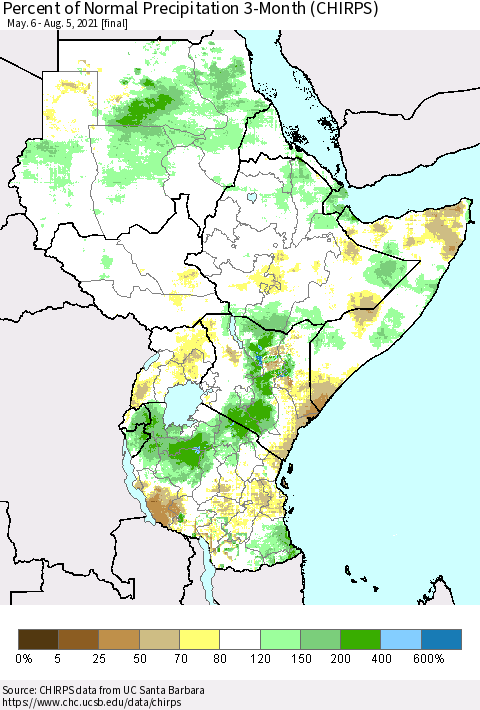 Eastern Africa Percent of Normal Precipitation 3-Month (CHIRPS) Thematic Map For 5/6/2021 - 8/5/2021
