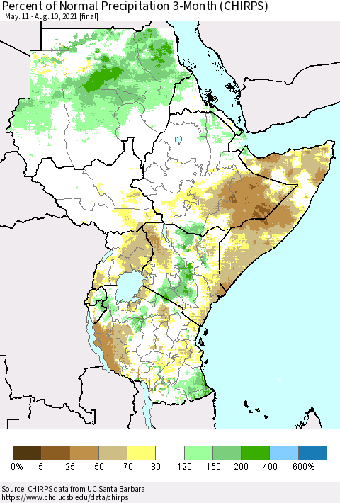 Eastern Africa Percent of Normal Precipitation 3-Month (CHIRPS) Thematic Map For 5/11/2021 - 8/10/2021