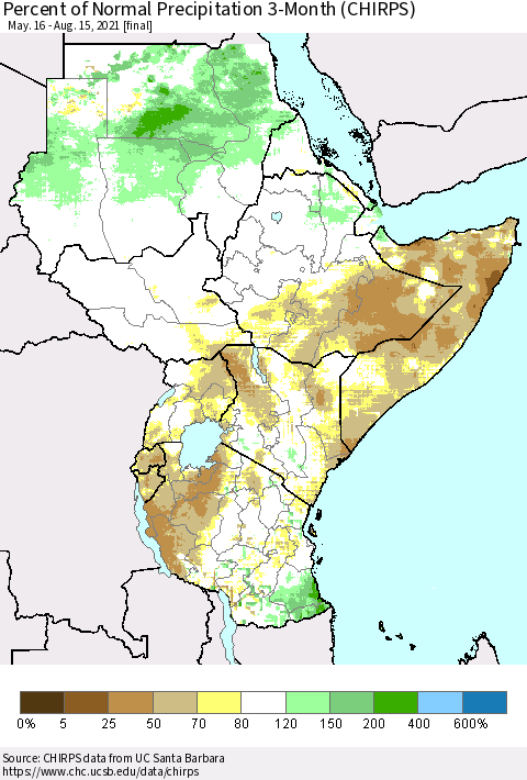 Eastern Africa Percent of Normal Precipitation 3-Month (CHIRPS) Thematic Map For 5/16/2021 - 8/15/2021