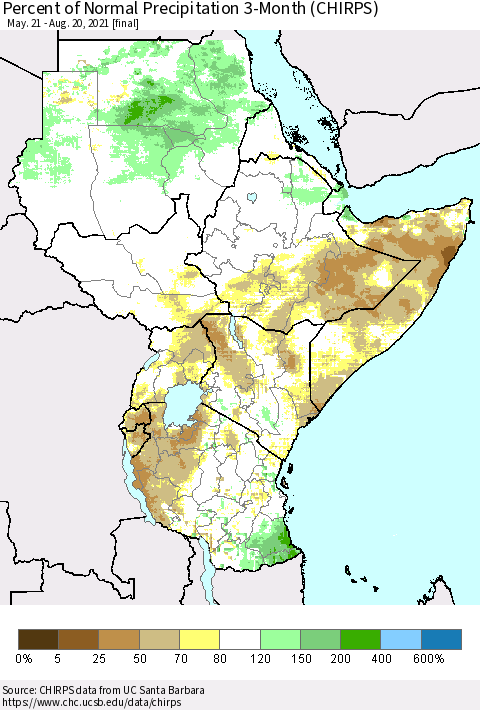 Eastern Africa Percent of Normal Precipitation 3-Month (CHIRPS) Thematic Map For 5/21/2021 - 8/20/2021