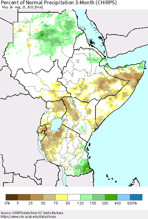Eastern Africa Percent of Normal Precipitation 3-Month (CHIRPS) Thematic Map For 5/26/2021 - 8/25/2021