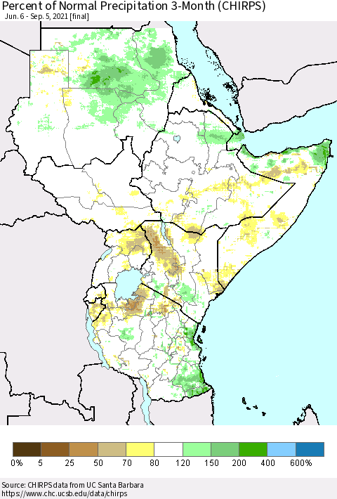 Eastern Africa Percent of Normal Precipitation 3-Month (CHIRPS) Thematic Map For 6/6/2021 - 9/5/2021