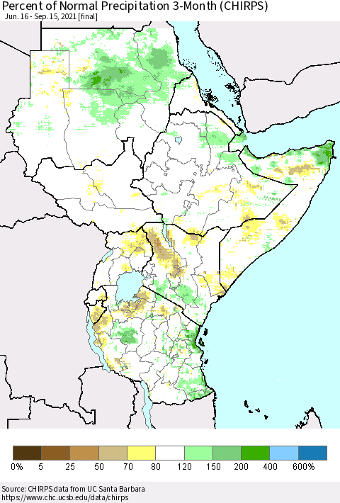 Eastern Africa Percent of Normal Precipitation 3-Month (CHIRPS) Thematic Map For 6/16/2021 - 9/15/2021