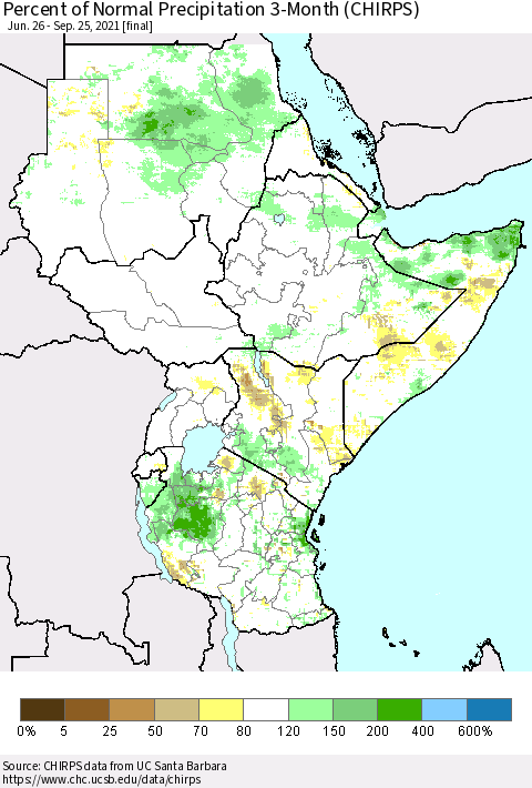 Eastern Africa Percent of Normal Precipitation 3-Month (CHIRPS) Thematic Map For 6/26/2021 - 9/25/2021