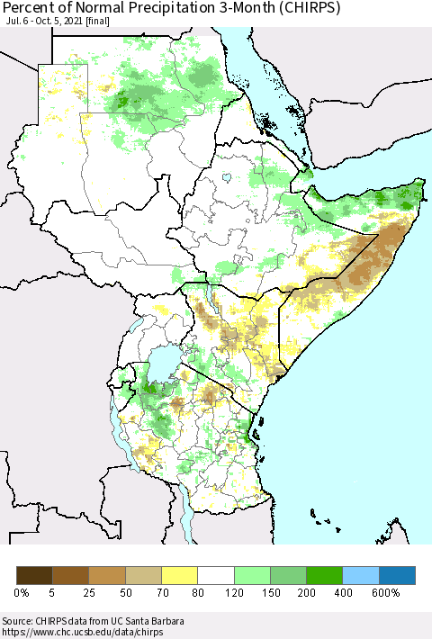Eastern Africa Percent of Normal Precipitation 3-Month (CHIRPS) Thematic Map For 7/6/2021 - 10/5/2021