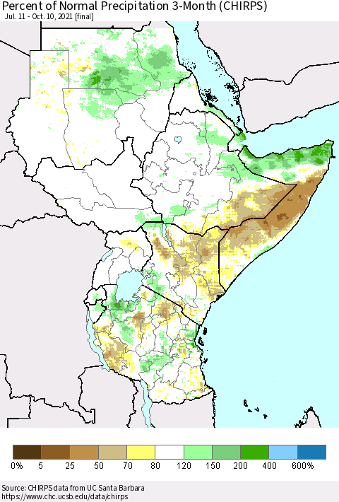 Eastern Africa Percent of Normal Precipitation 3-Month (CHIRPS) Thematic Map For 7/11/2021 - 10/10/2021