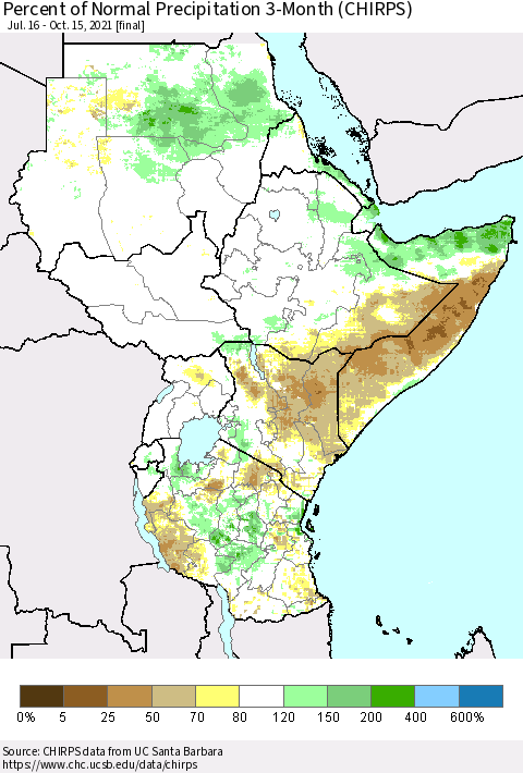 Eastern Africa Percent of Normal Precipitation 3-Month (CHIRPS) Thematic Map For 7/16/2021 - 10/15/2021