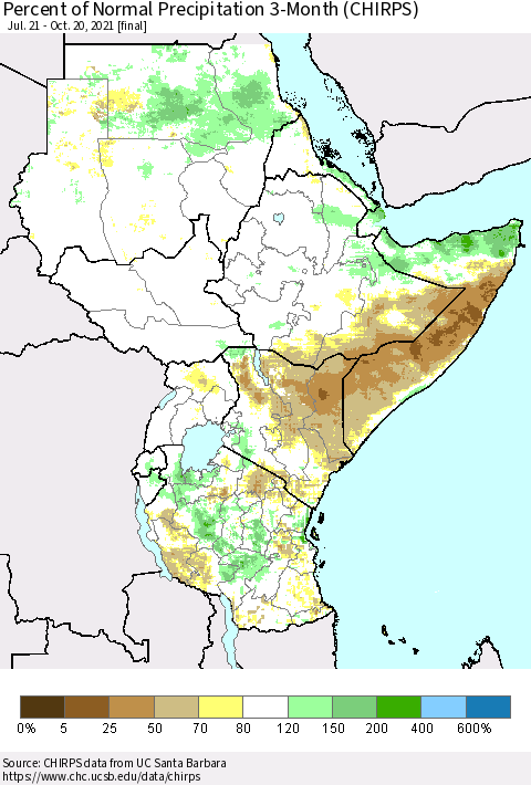 Eastern Africa Percent of Normal Precipitation 3-Month (CHIRPS) Thematic Map For 7/21/2021 - 10/20/2021