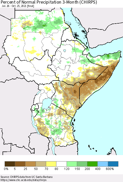 Eastern Africa Percent of Normal Precipitation 3-Month (CHIRPS) Thematic Map For 7/26/2021 - 10/25/2021