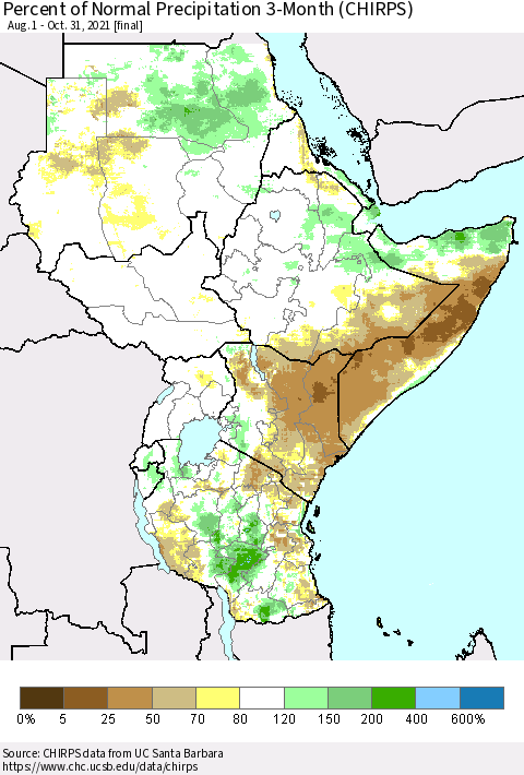Eastern Africa Percent of Normal Precipitation 3-Month (CHIRPS) Thematic Map For 8/1/2021 - 10/31/2021