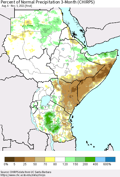 Eastern Africa Percent of Normal Precipitation 3-Month (CHIRPS) Thematic Map For 8/6/2021 - 11/5/2021