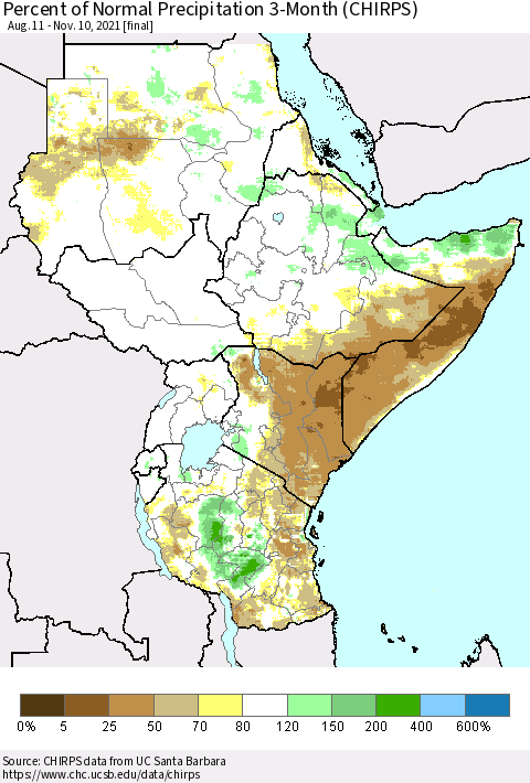 Eastern Africa Percent of Normal Precipitation 3-Month (CHIRPS) Thematic Map For 8/11/2021 - 11/10/2021