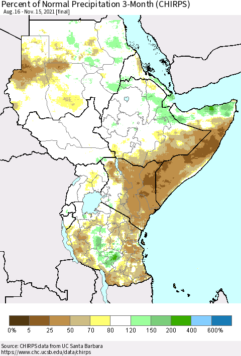 Eastern Africa Percent of Normal Precipitation 3-Month (CHIRPS) Thematic Map For 8/16/2021 - 11/15/2021